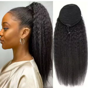 20 inches Kinky Yaki Straight Ponytail 100% Virgin Raw Human Hair Wrap Around Clip in Hairpiece Natural Black